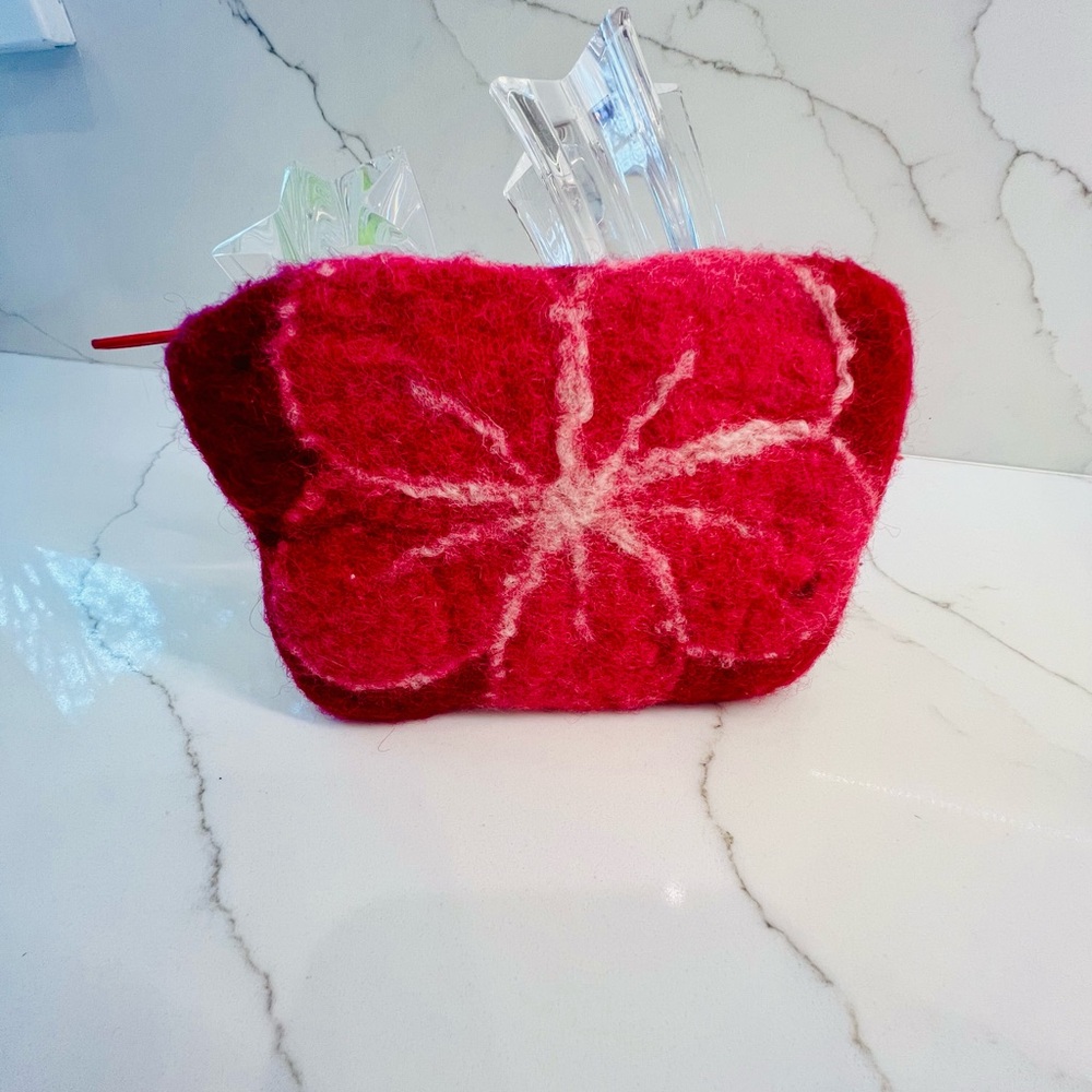 Red Felt Floral Cosmetic Pouch – Soft Zipper Case